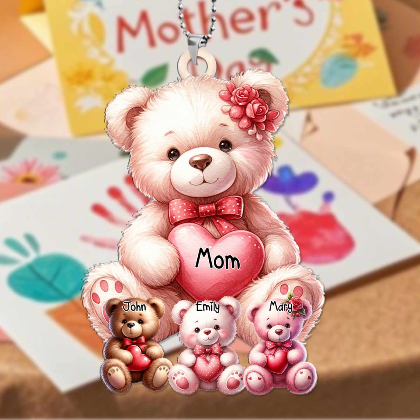 Personalised Teddy Bear Keyring , Custom Name Pendant with 1-8 Names | Lorajewel
