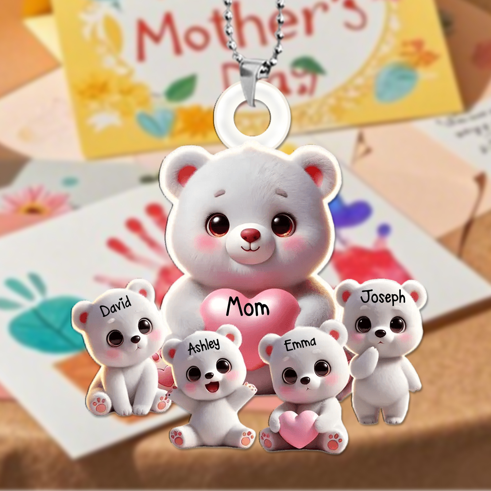 Personalized 1-10 Names White Bear Keyring , Custom Family Bear Pendant Keychain Gift | Lorajewel