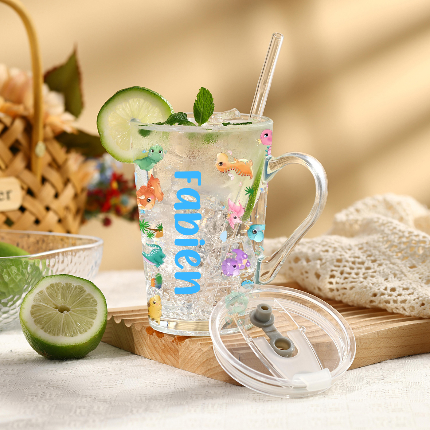 Personalized Name Glass Mug 450ml with Lid & Straw – Multi-Colour & Pattern | Back to School Gift – Jessemade
