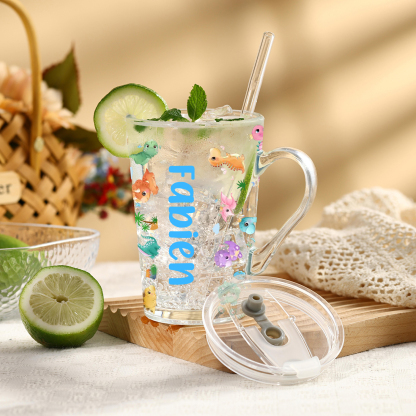 Personalized Name Glass Mug 450ml with Lid & Straw – Multi-Colour & Pattern | Back to School Gift – Jessemade