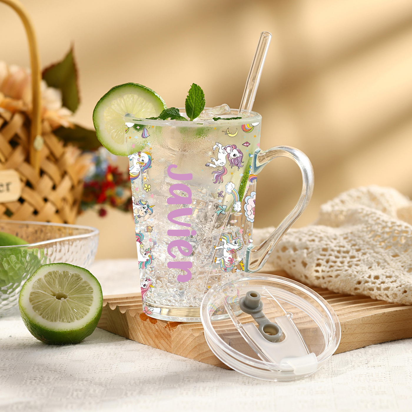 Personalized Name Glass Mug 450ml with Lid & Straw – Multi-Colour & Pattern | Back to School Gift – Jessemade