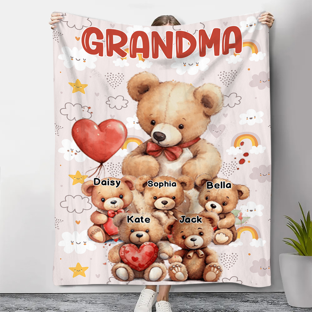 Personalized Bear Blanket Custom 1 Text & 1–10 Names Gifts for Mum/Grandma/Nan