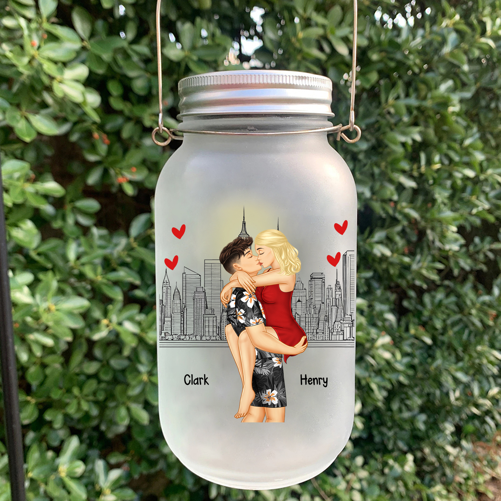 Doll Couple Kissing Personalized Mason Jar Light with 2 Names Romantic Gift for Him and Her