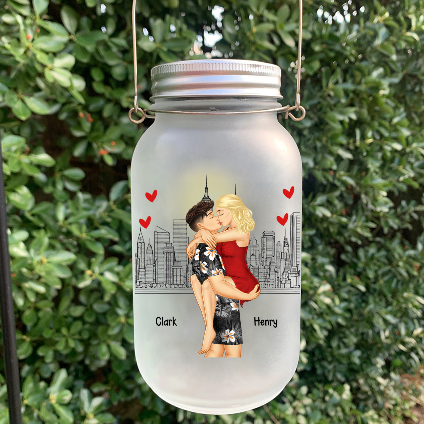 Doll Couple Kissing Personalized Mason Jar Light with 2 Names Romantic Gift for Him and Her