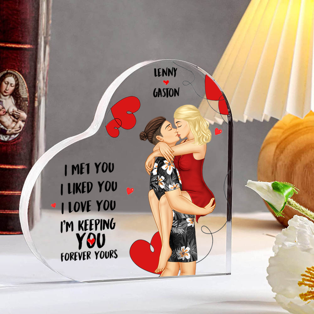 Doll Couple Kissing Personalized Heart Shaped Acrylic Plaque with 2 Names Romantic Gift For Him and Her