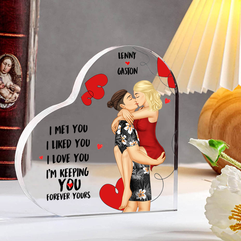 Doll Couple Kissing Personalized Heart Shaped Acrylic Plaque with 2 Names Romantic Gift For Him and Her