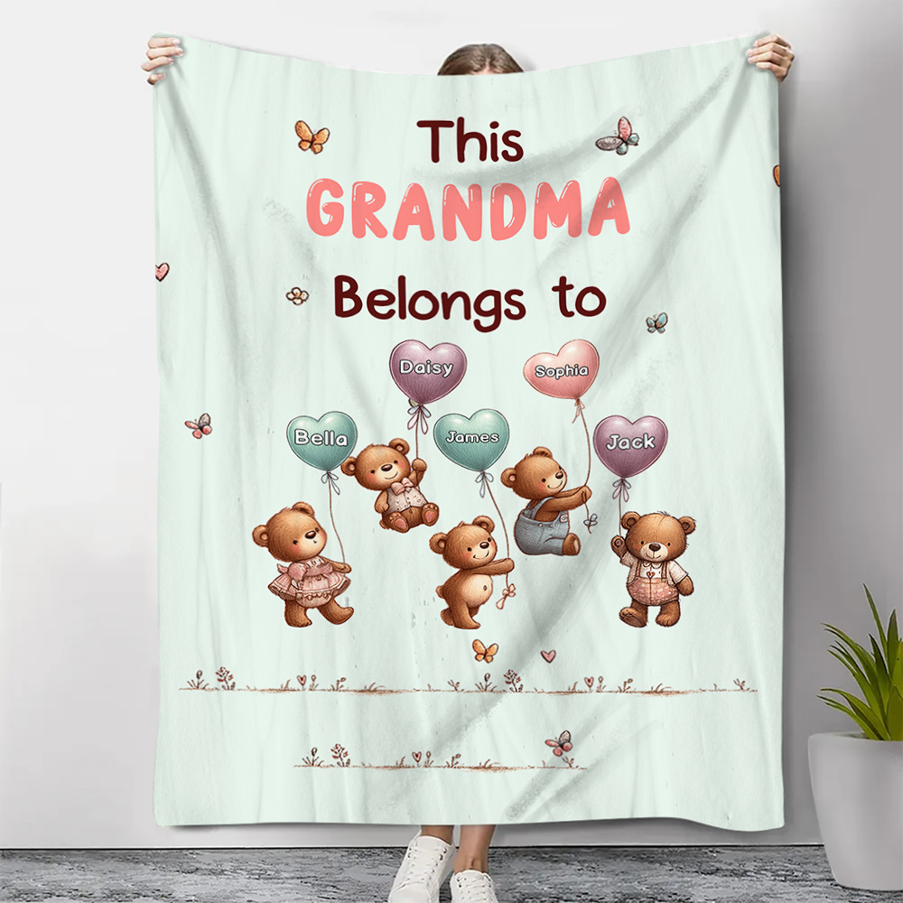 Personalized Balloon Bear Blanket Custom 1 Text & 1–10 Names Gifts for Mom/Grandma