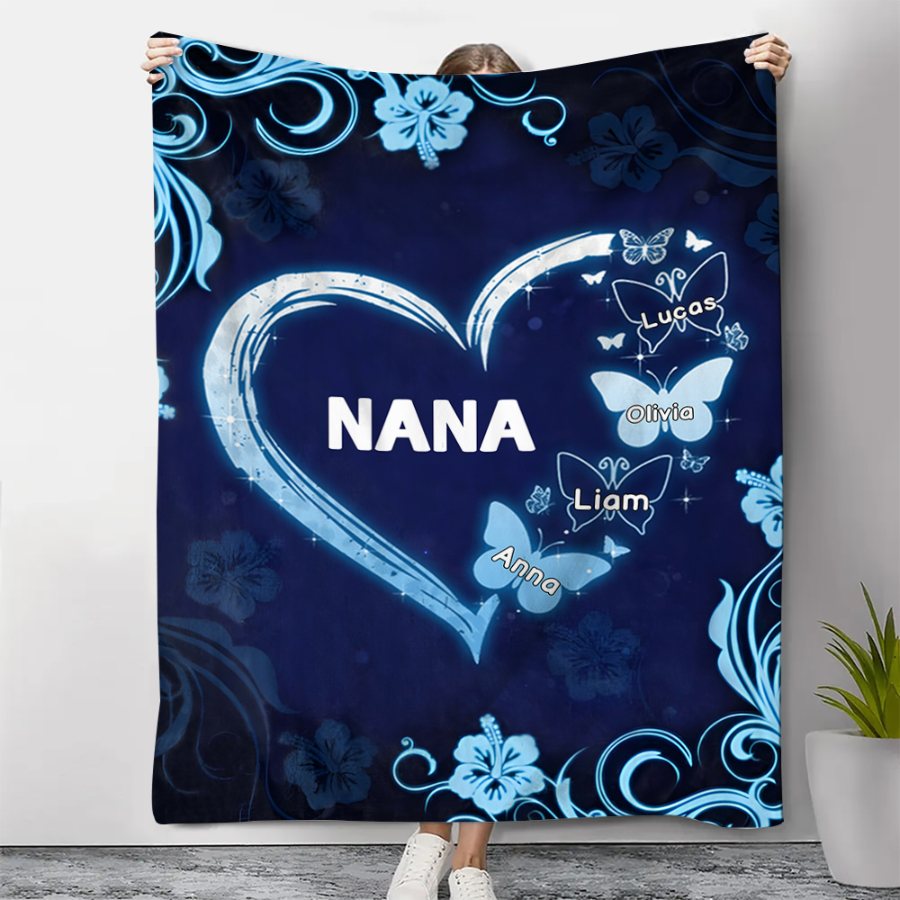 Personalized Heart Butterfly Blanket Custom 1 Text & 1–8 Names Gifts for Mum/Grandma/Nan