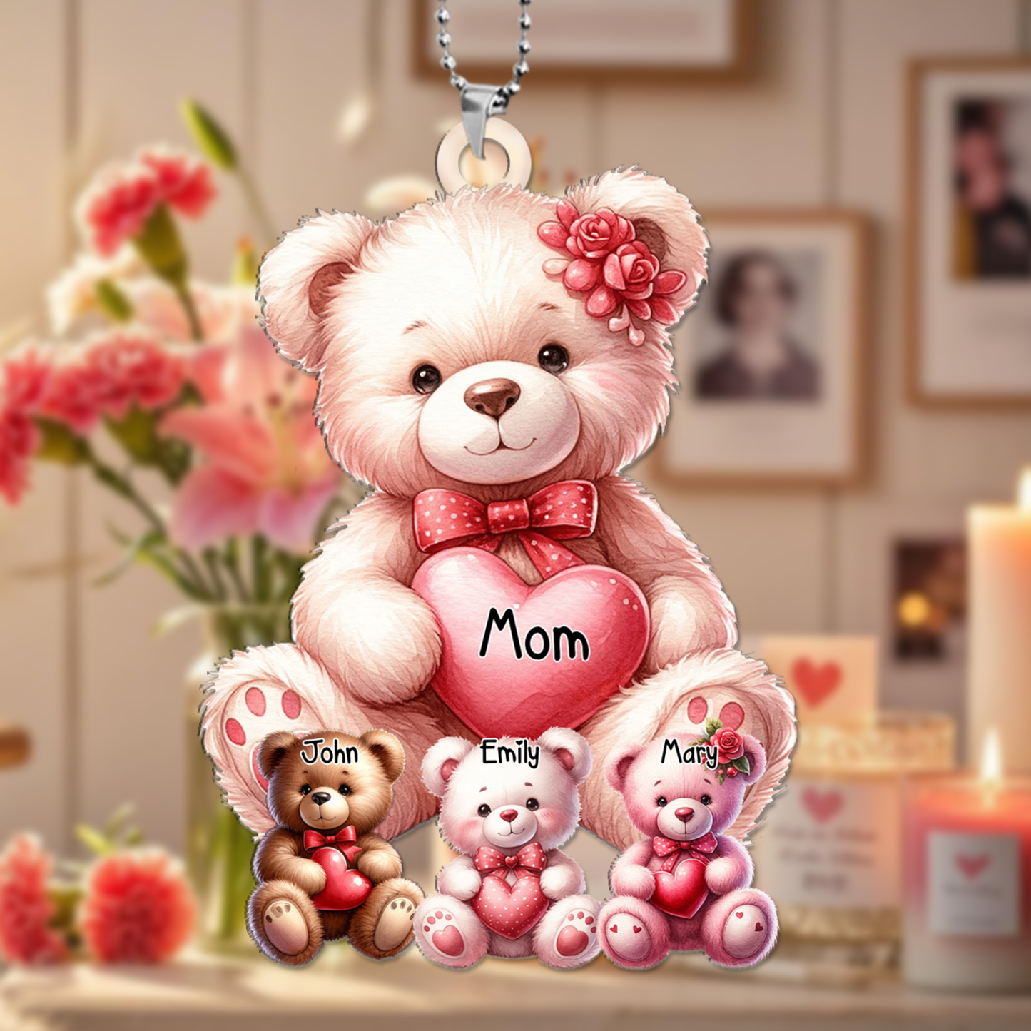 Personalised Teddy Bear Keyring , Custom Name Pendant with 1-8 Names | Lorajewel