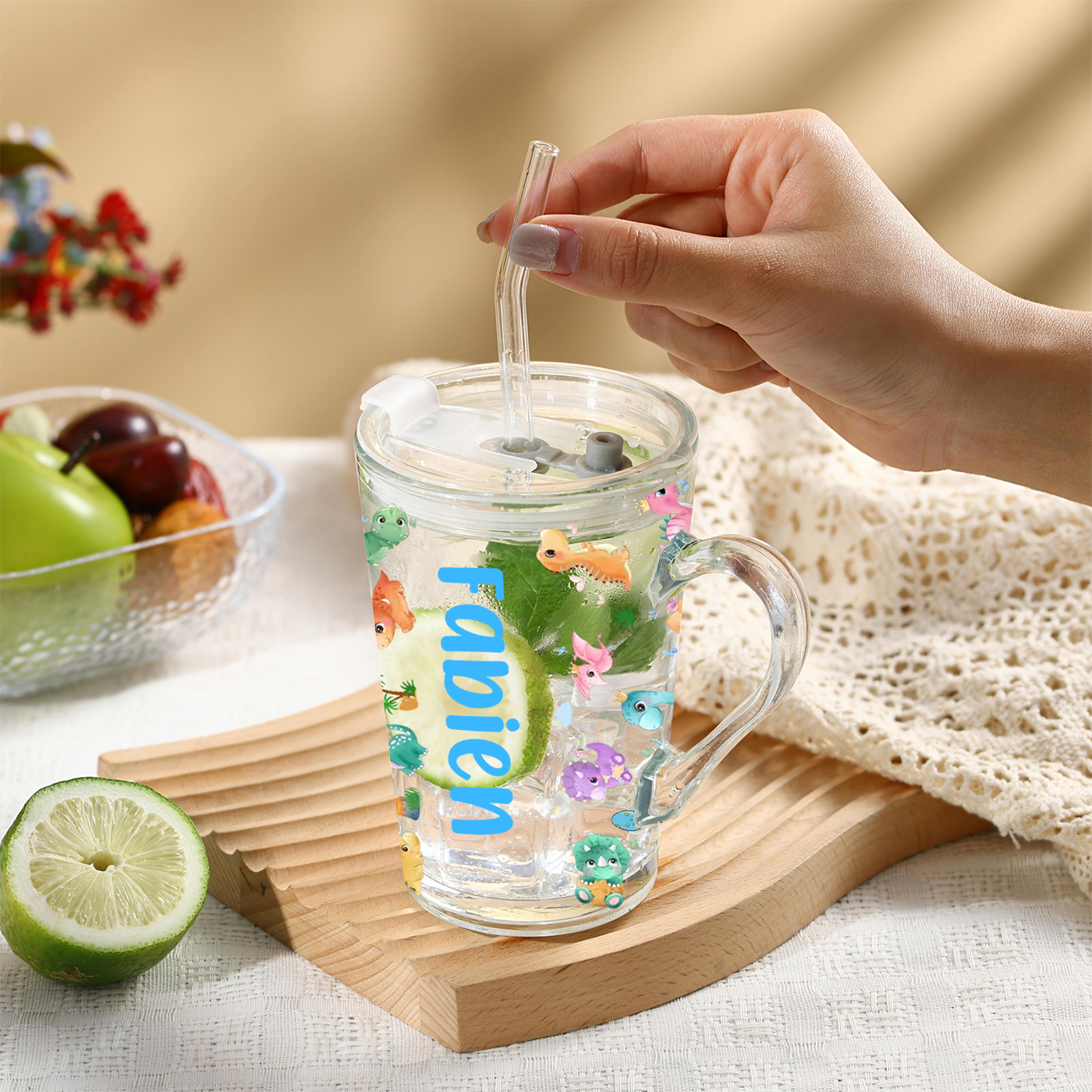 Personalized Name Glass Mug 450ml with Lid & Straw – Multi-Colour & Pattern | Back to School Gift – Jessemade