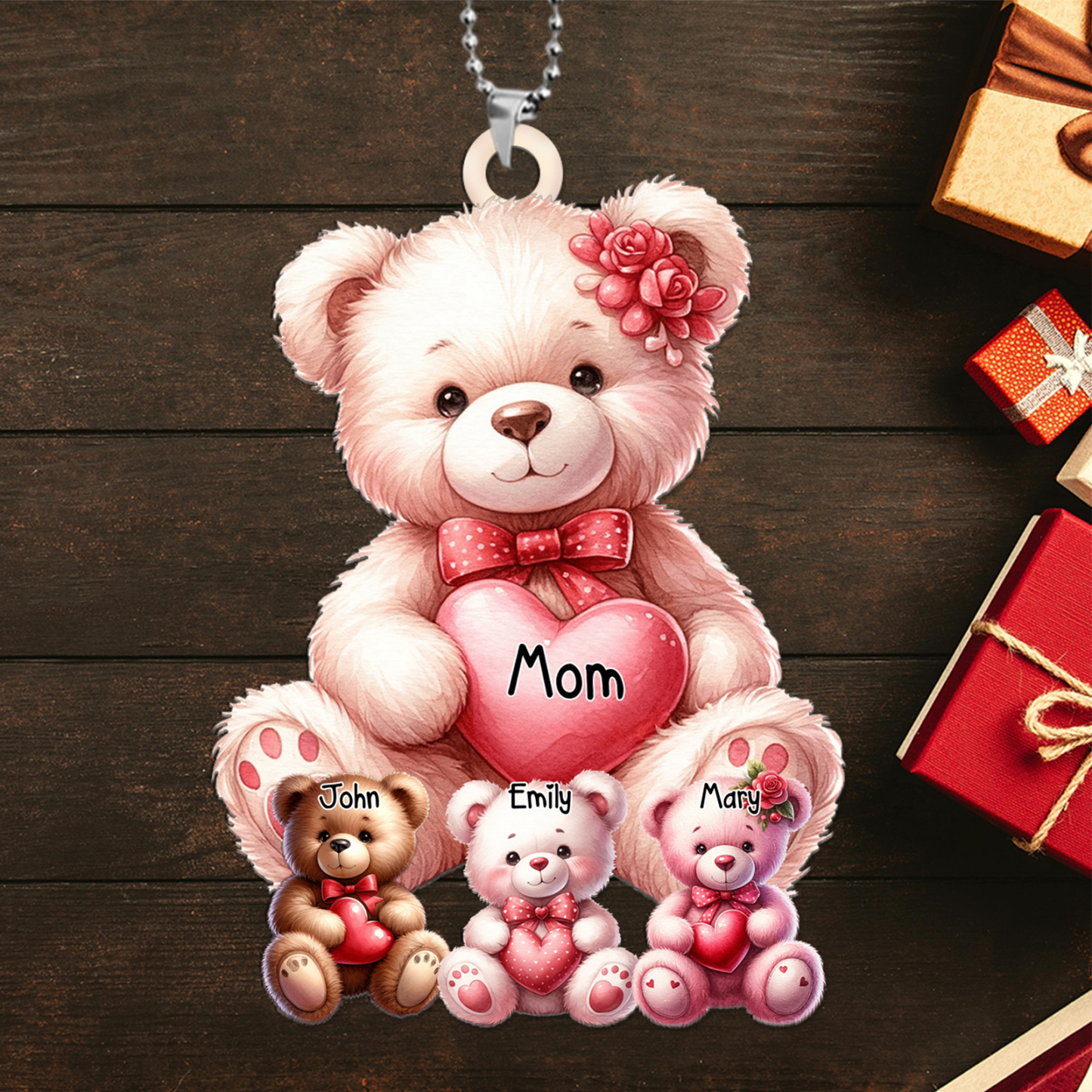 Personalised Teddy Bear Keyring , Custom Name Pendant with 1-8 Names | Lorajewel