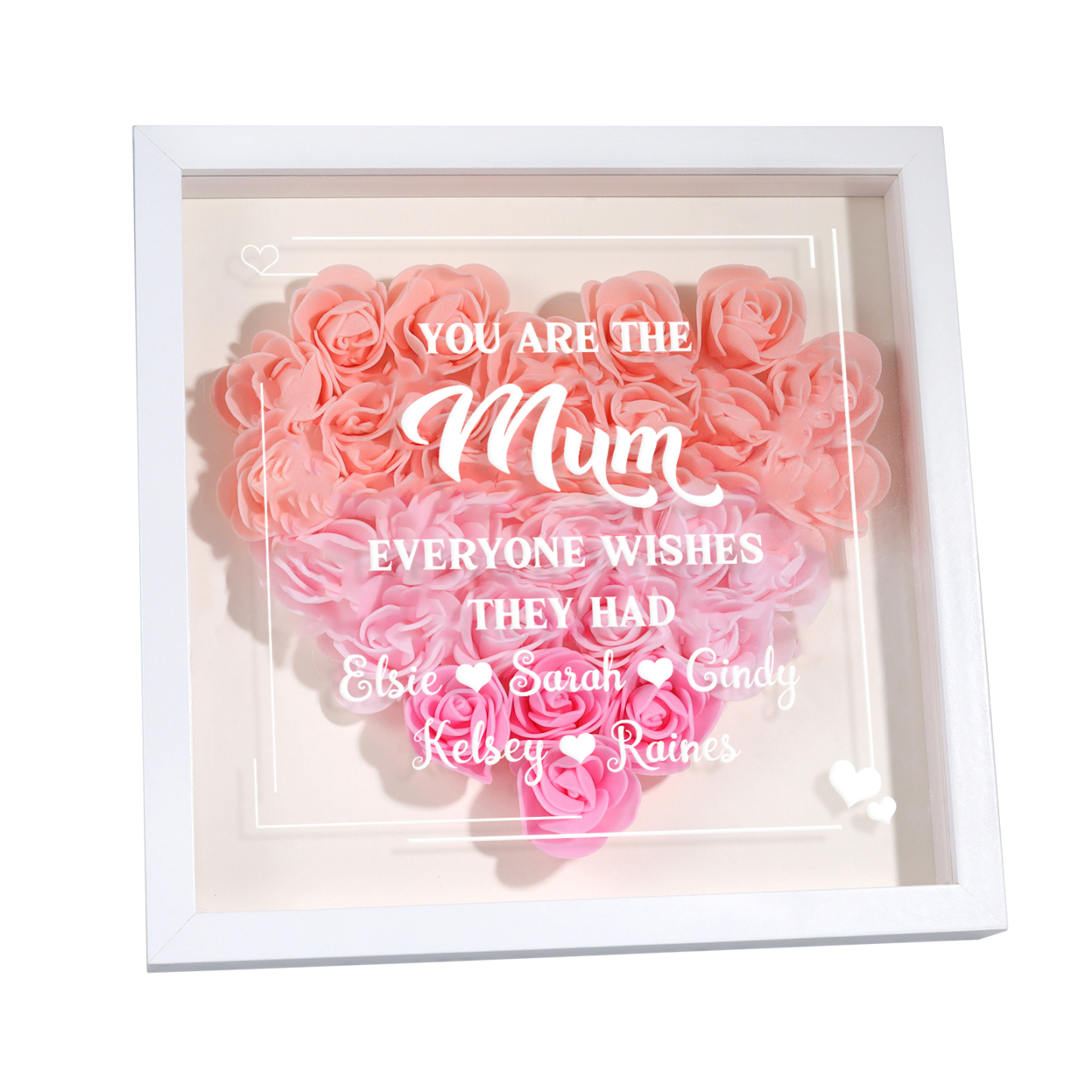 Personalized 1 Nickname & 5 Names Heart-Shaped Rose Shadow Box Frame – Custom Gift for Mom, Grandma & Loved Ones| Jessemade