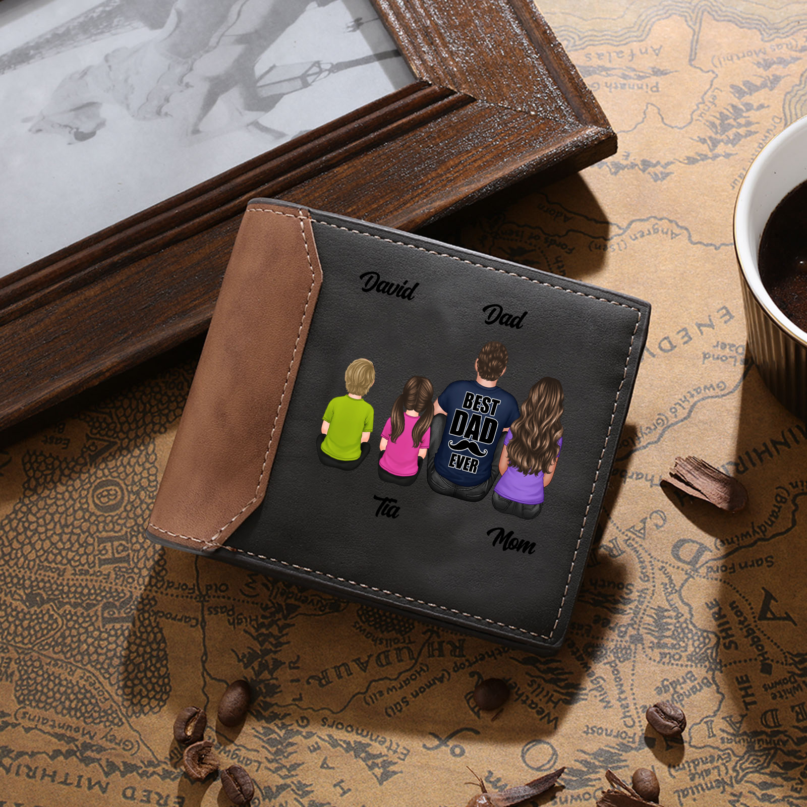 Personalized Leather Wallet – "Best Dad Ever" Custom Family Illustration Gifts for Dad | Lorajewel