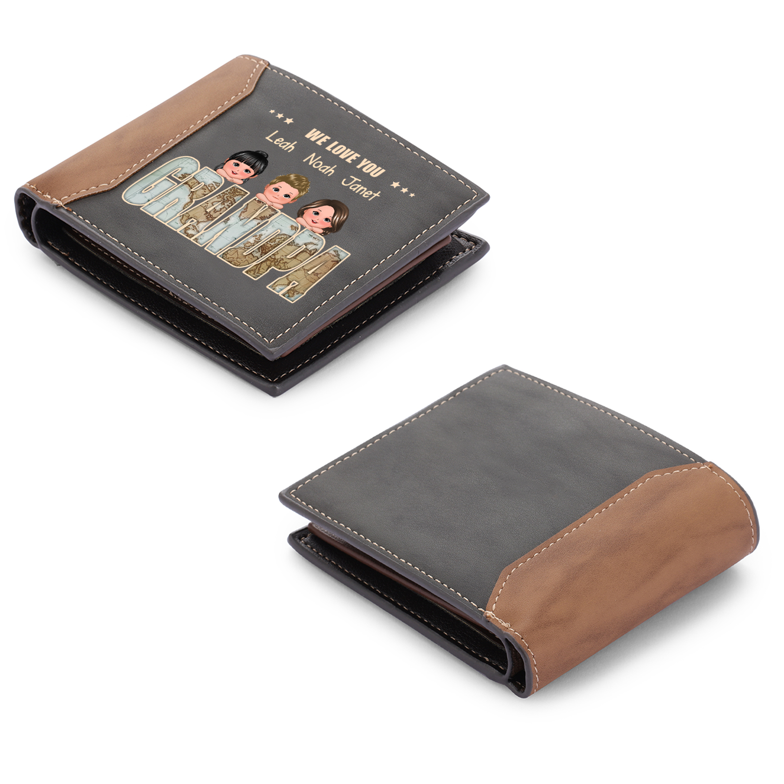 Personalized Men's Leather Wallet Custom 1–6 Names Billfold Wallet Gift for Grandad
