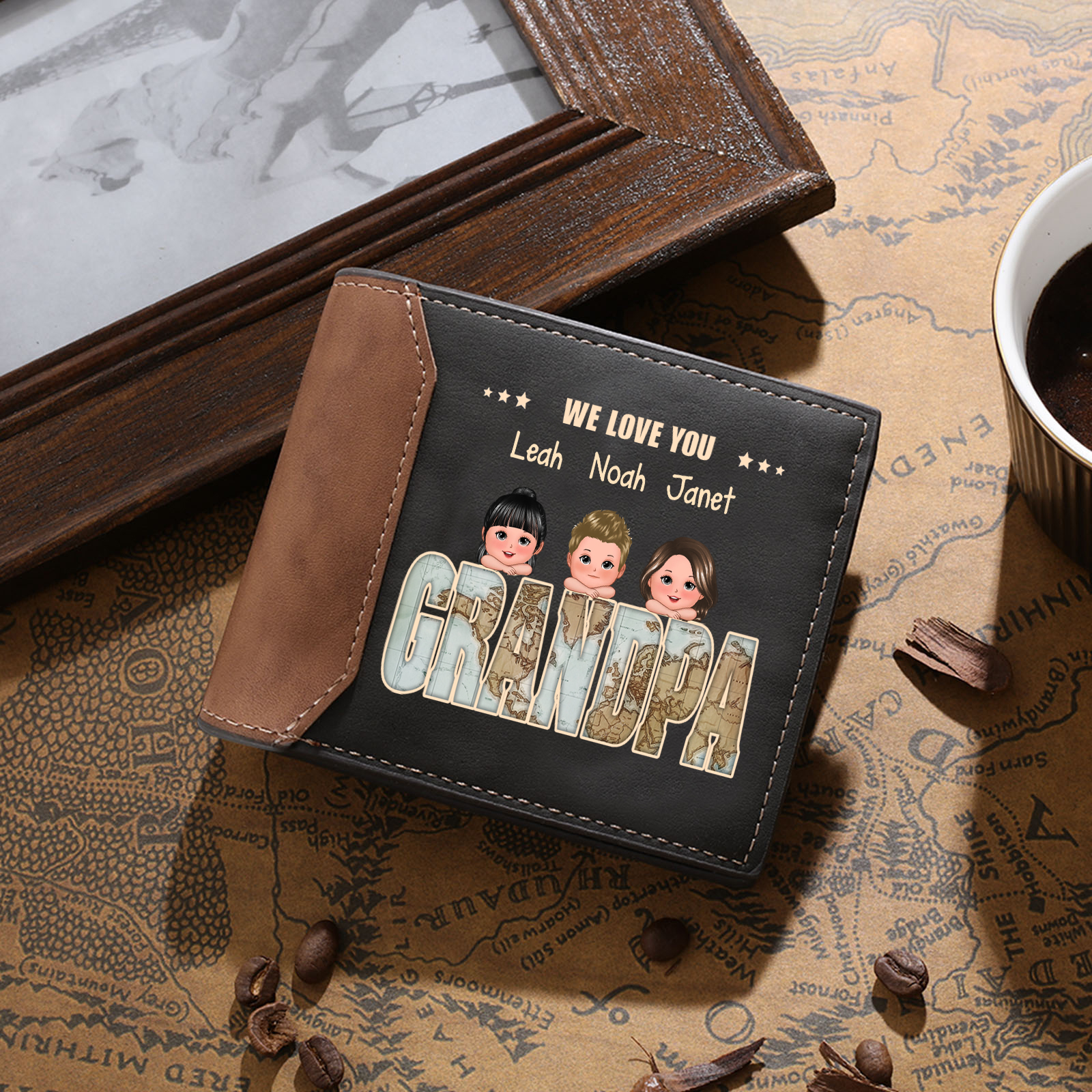 Personalized Men's Leather Wallet Custom 1–6 Names Billfold Wallet Gift for Grandad