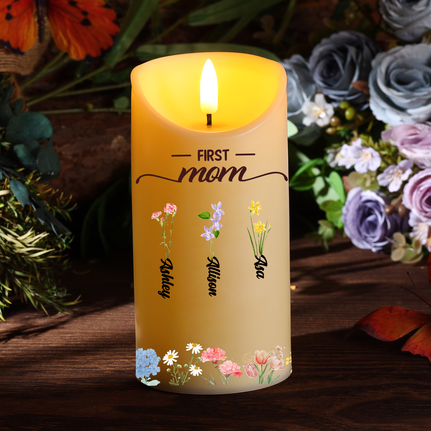 Custom Birth Flower LED Candle – Personalized Gift for Mom or Grandma with Kids’ Names | Lorajewel