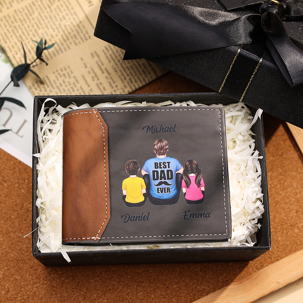 Personalized Leather Wallet Handcrafted in the USA– "Best Dad Ever" Custom Family Illustration Gifts for Dad | Lorajewel