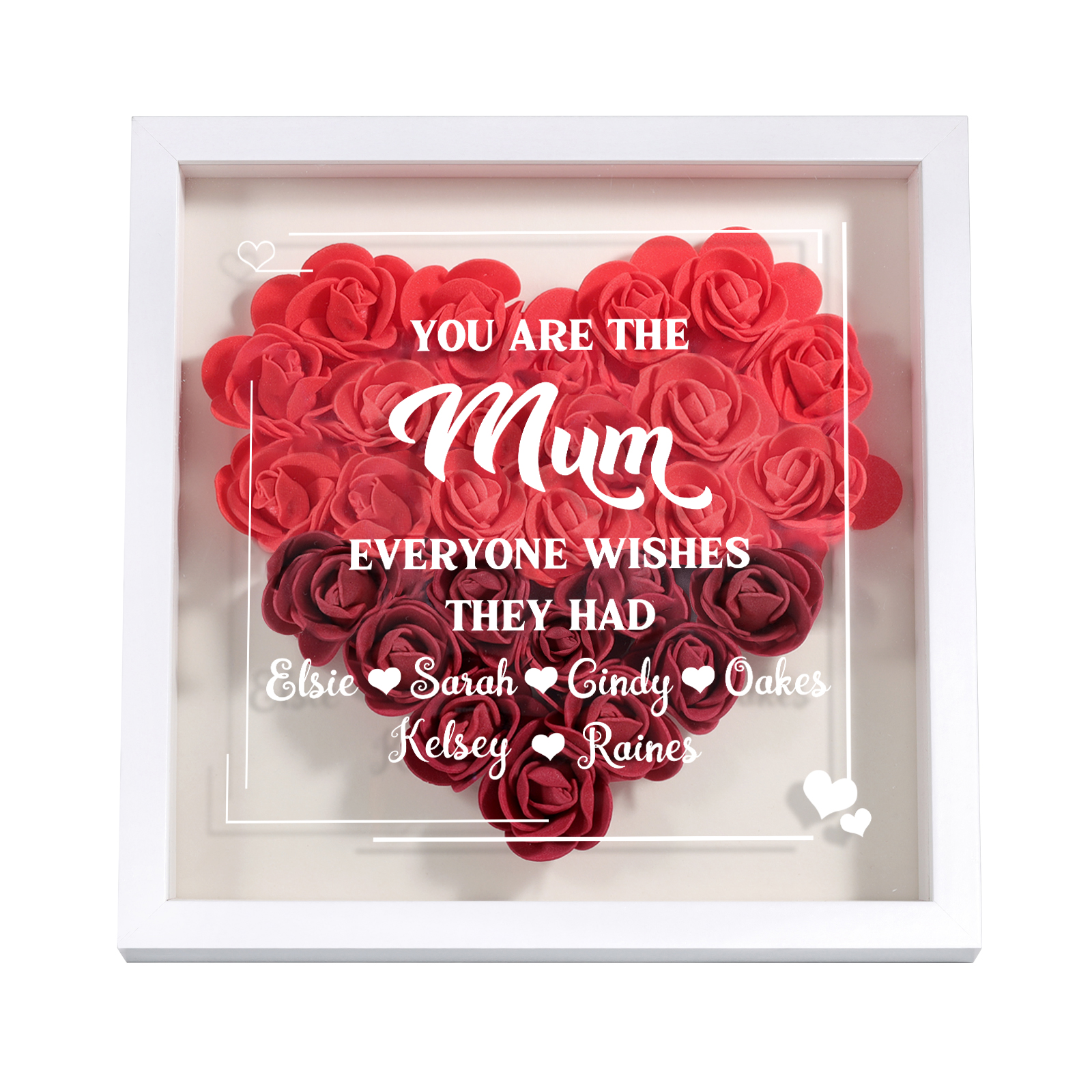 Personalized 1 Nickname & 6 Names Heart-Shaped Rose Shadow Box Frame – Custom Gift for Mom, Grandma & Loved Ones| Jessemade