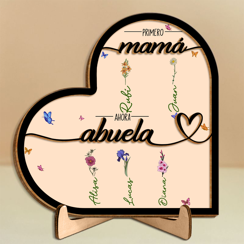 A mi abuela-Decoración de madera en corazón 2-12 nombres y flores de nacimiento personalizados | Jessemade
