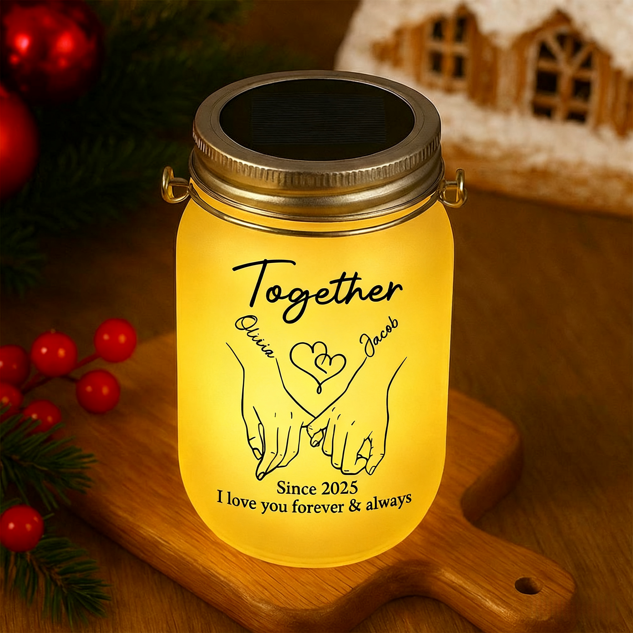 Custom Couple Frosted Solar Mason Jar Light