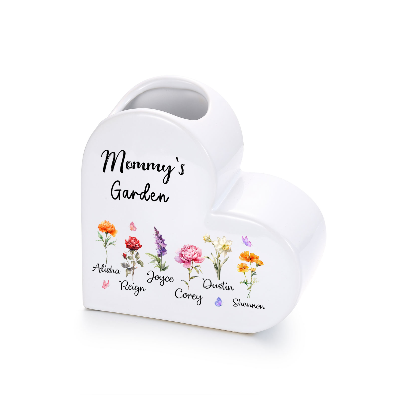 Personalized Ceramic Heart Vase with 1 to 12 Birth Flowers and Children’s Names