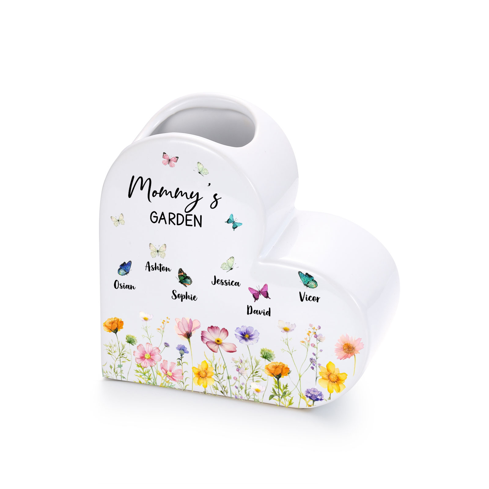 Personalized Ceramic Heart Vase with 1–10 Names and Butterflies for Mom or Grandma
