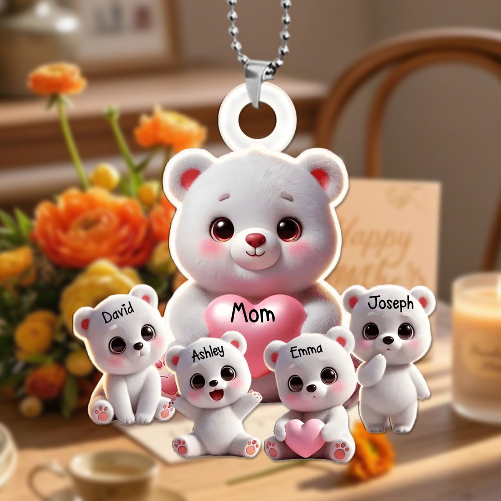 Personalized 1-10 Names White Bear Keyring , Custom Family Bear Pendant Keychain Gift | Lorajewel