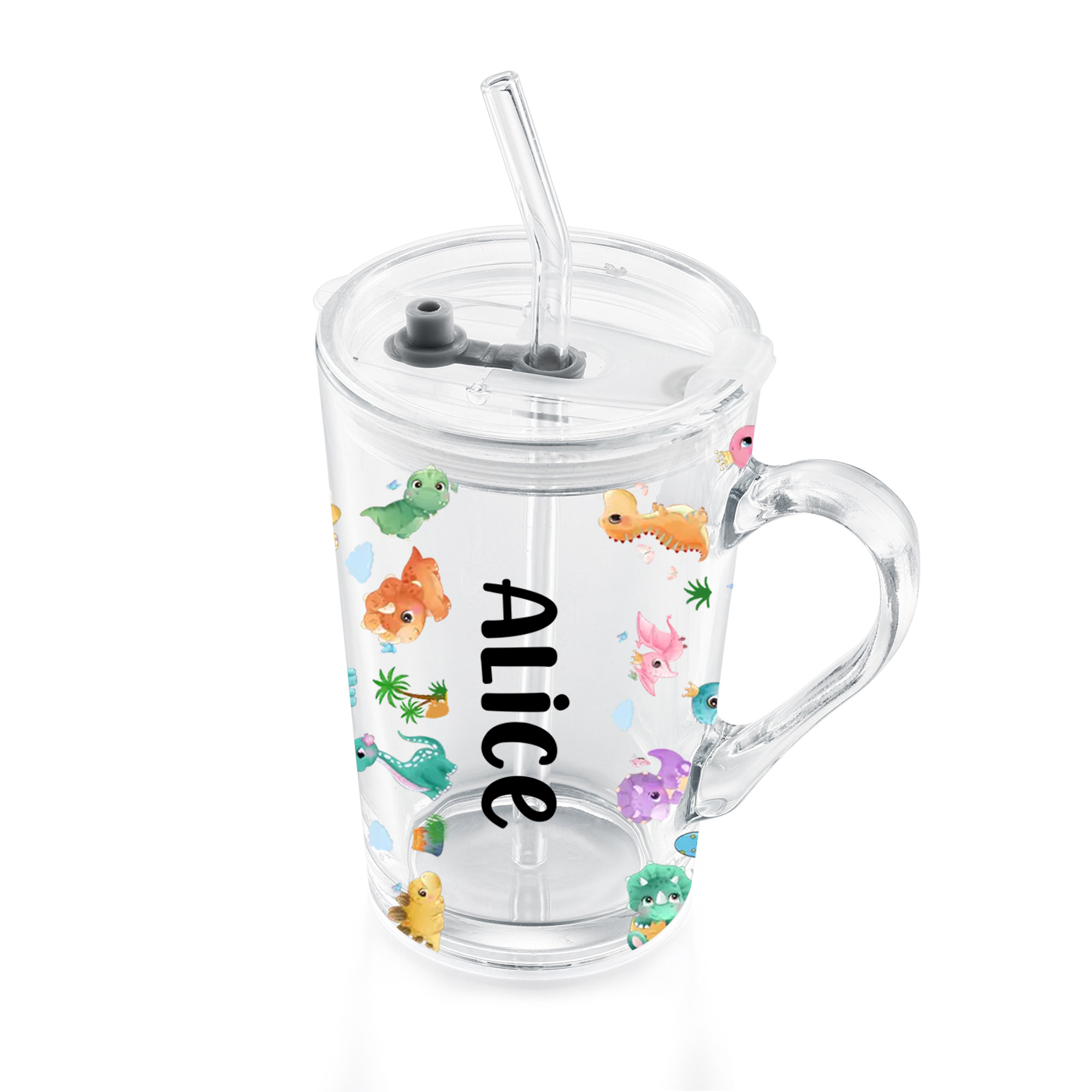Personalized Name Glass Mug 450ml with Lid & Straw – Multi-Colour & Pattern | Back to School Gift – Jessemade