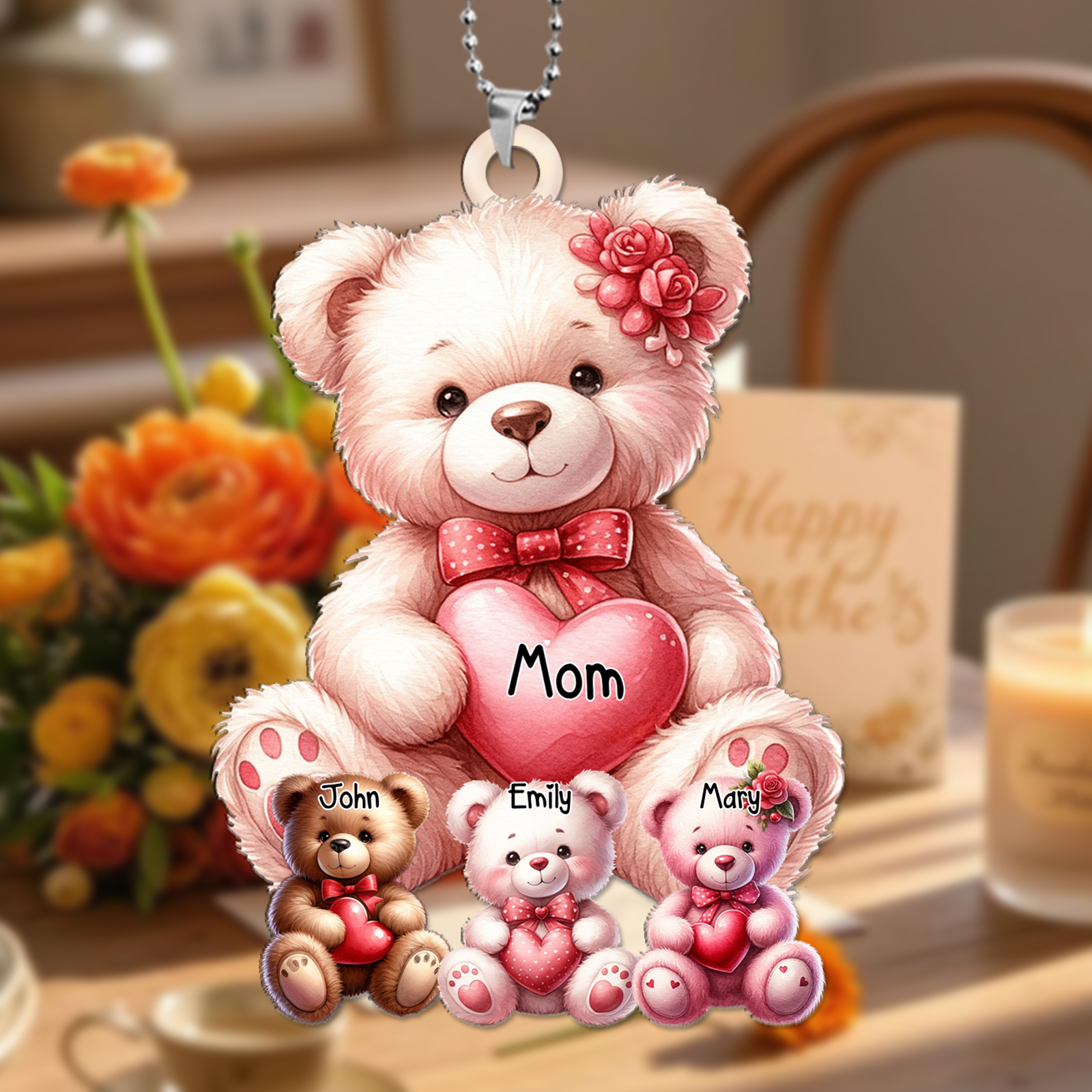 Personalised Teddy Bear Keyring , Custom Name Pendant with 1-8 Names | Lorajewel