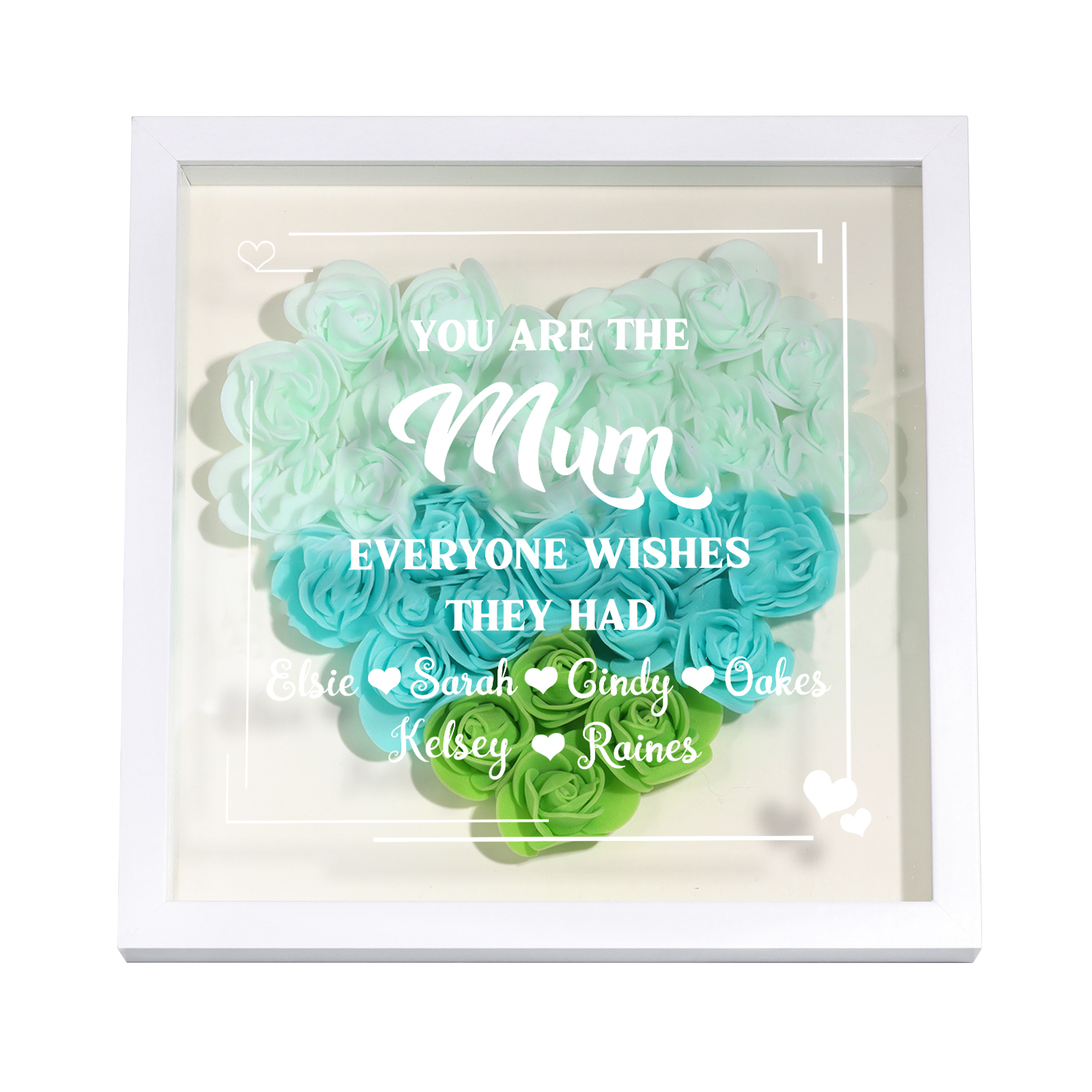 Personalized 1 Nickname & 6 Names Heart-Shaped Rose Shadow Box Frame – Custom Gift for Mom, Grandma & Loved Ones| Jessemade