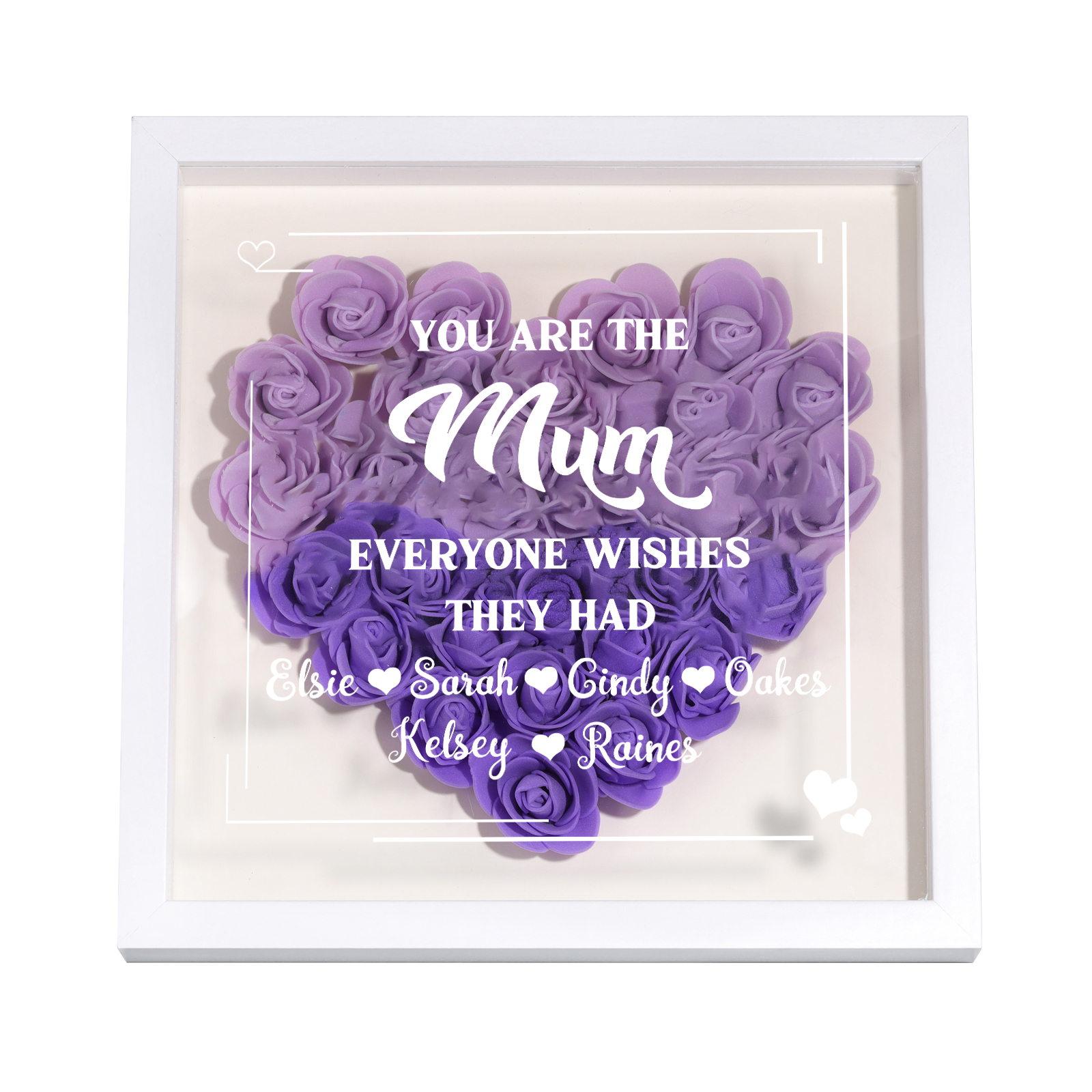 Personalized 1 Nickname & 6 Names Heart-Shaped Rose Shadow Box Frame – Custom Gift for Mom, Grandma & Loved Ones| Jessemade
