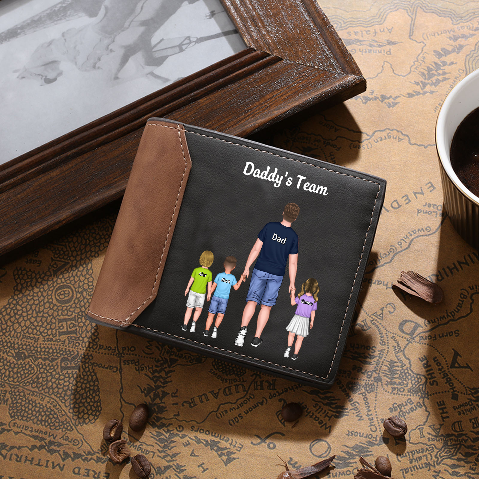 Custom Father & Child Wallet – Personalized “Daddy’s Team” with Names Leather Wallet | Lorajewel