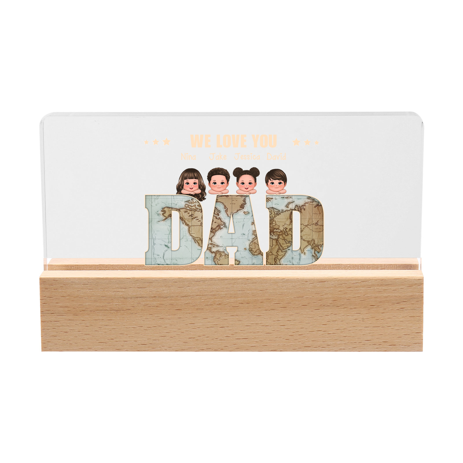 Personalized LED Acrylic Light Gift for Dad – “We Love You” Design with Children's Names & Characters | Lorajewel