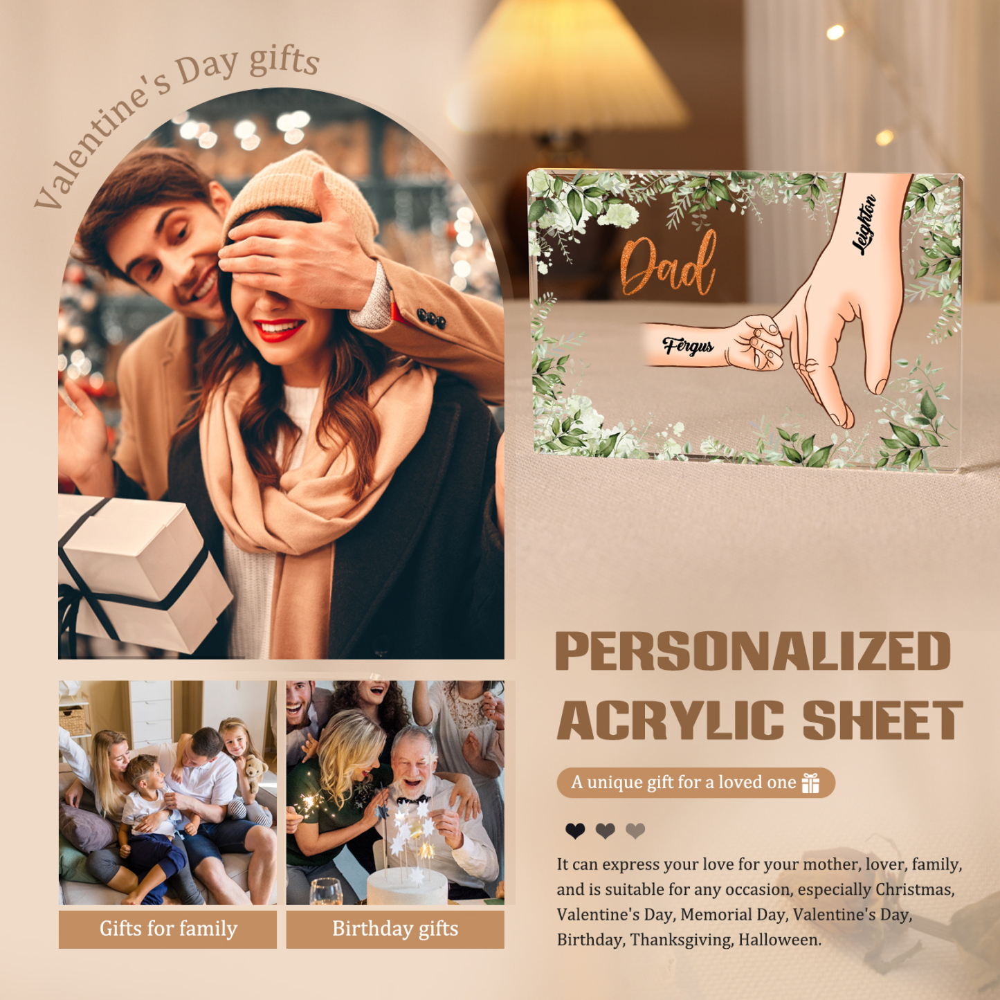 2 Names Personalised Acrylic Plaque for Dad - Custom Holding Hands Style | Lorajewel