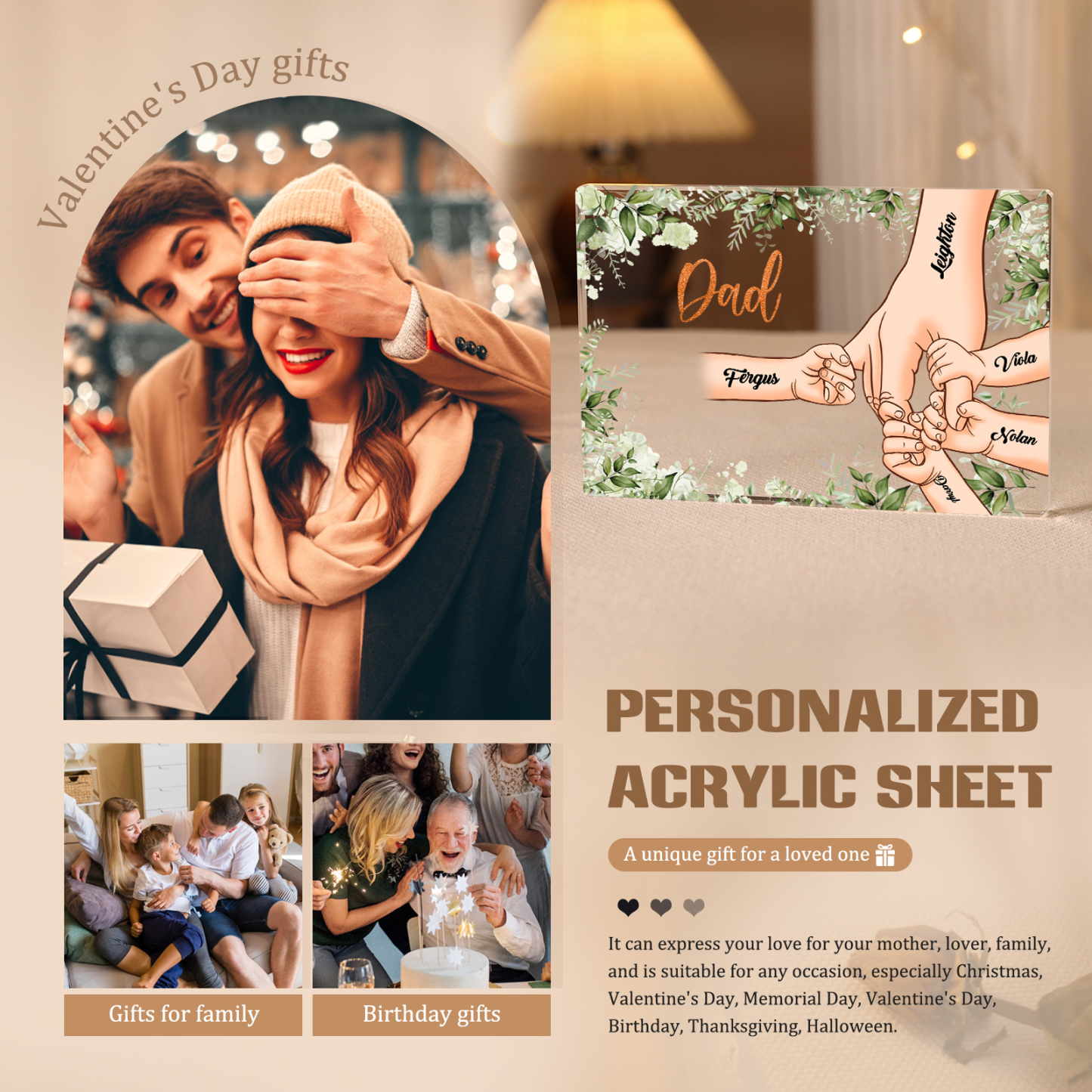 5 Names & 1 Text Personalised Acrylic Plaque for Dad - Custom Holding Hands Style | Lorajewel