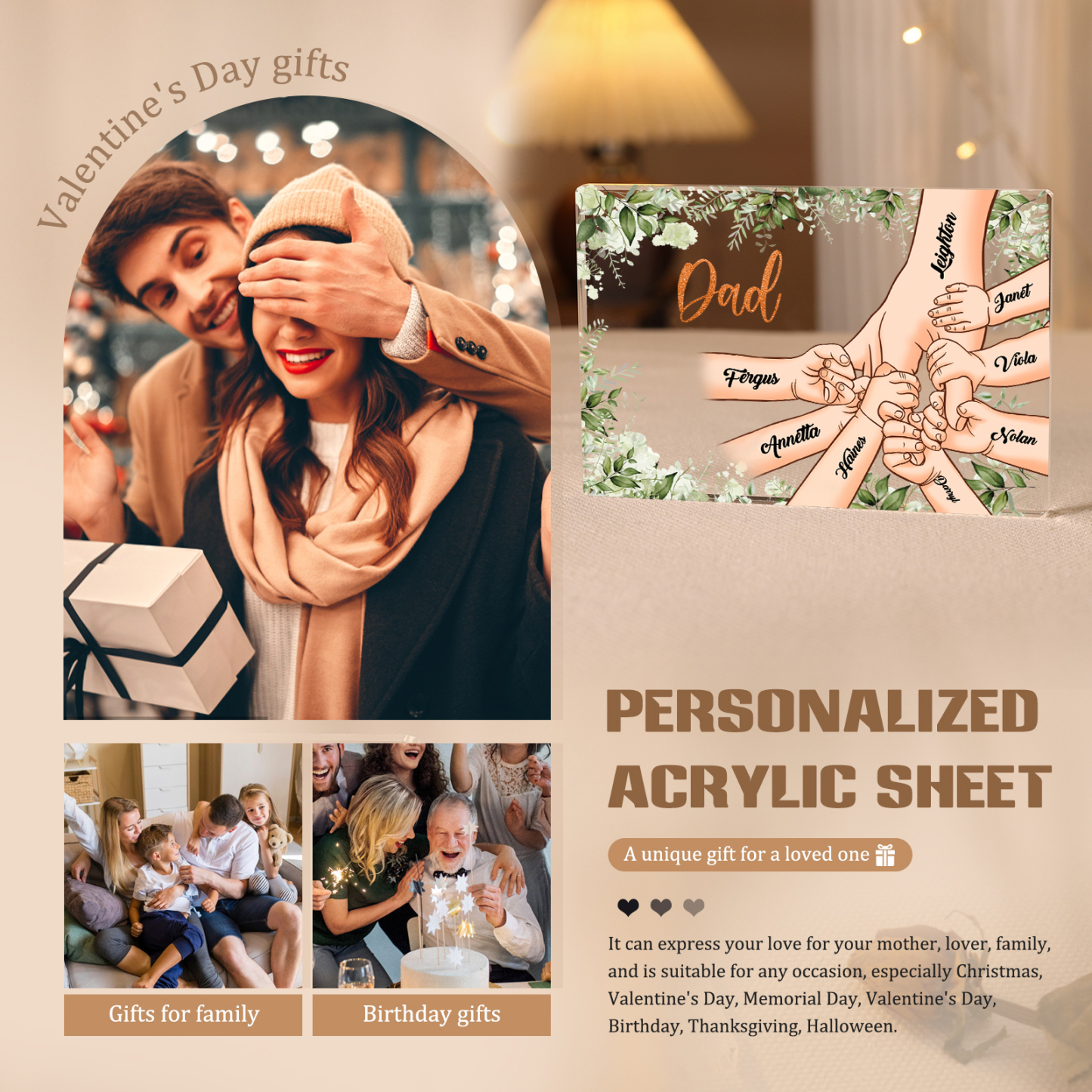 8 Names & 1 Text Personalised Acrylic Plaque for Dad - Custom Holding Hands Style | Lorajewel