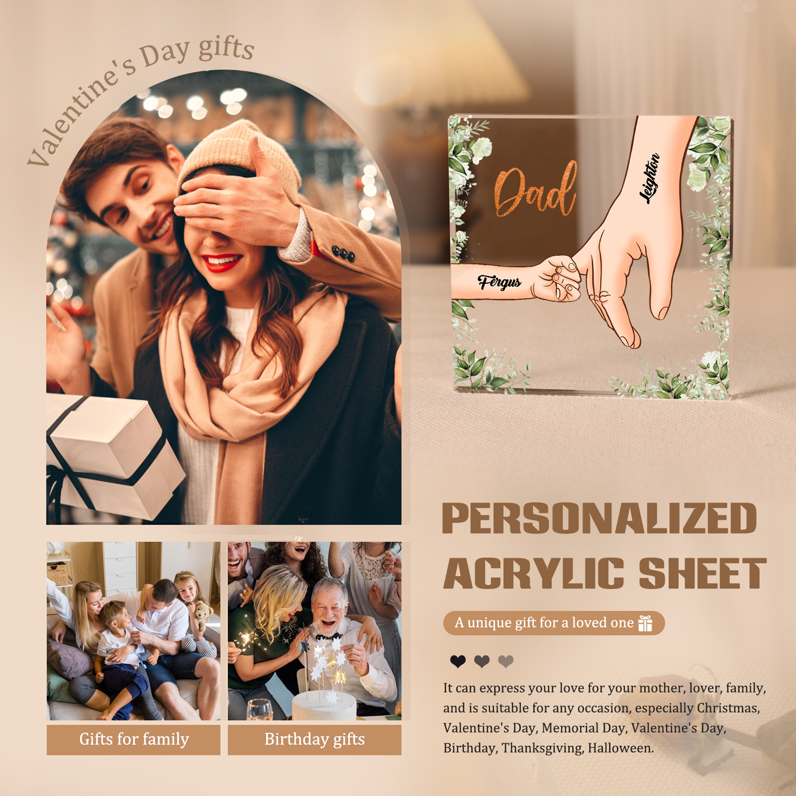 2 Names & 1 Text Personalized Acrylic Plaque for Dad - Custom Holding Hands Father's Day Gift | Lorajewel