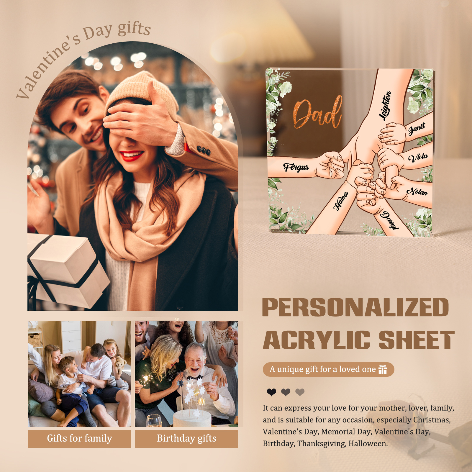 7 Names & 1 Text Personalized Acrylic Plaque for Dad - Custom Holding Hands Father's Day Gift | Lorajewel