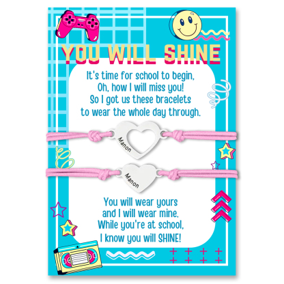 2 Pcs Heart Bracelet Set with Gift Card Custom Names Adjustable Bracelets Back to School Gifts for Kids