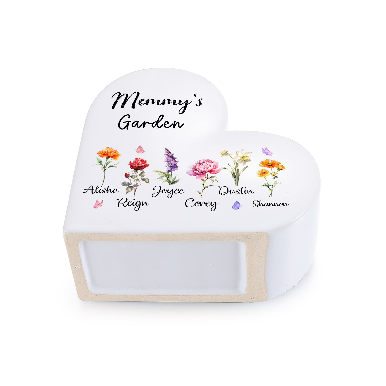 Personalized Ceramic Heart Vase with 1 to 12 Birth Flowers and Children’s Names