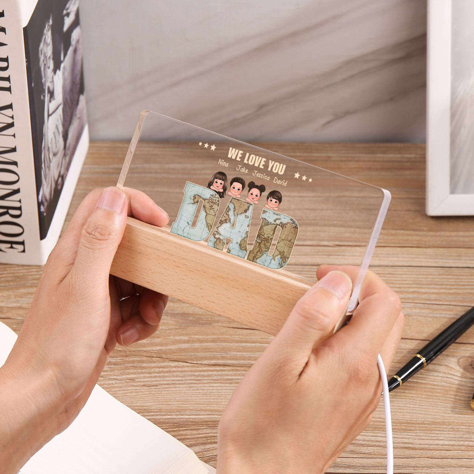 Personalized LED Acrylic Light Gift for Dad – “We Love You” Design with Children's Names & Characters | Lorajewel