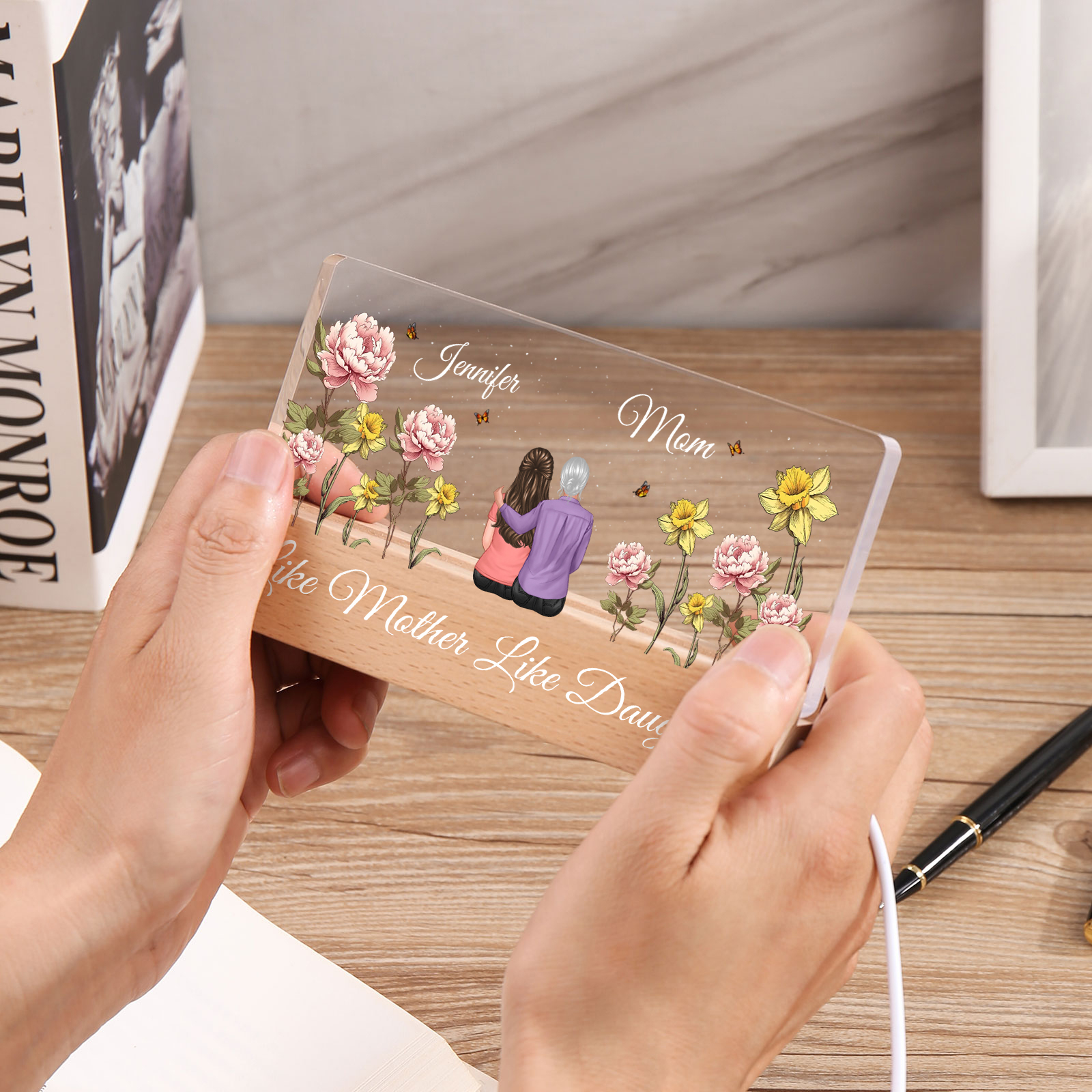 Personalized 2 Names & Text Mom LED Acrylic Night Light, Custom Like Mother Like Daughter Gift | Lorajewel