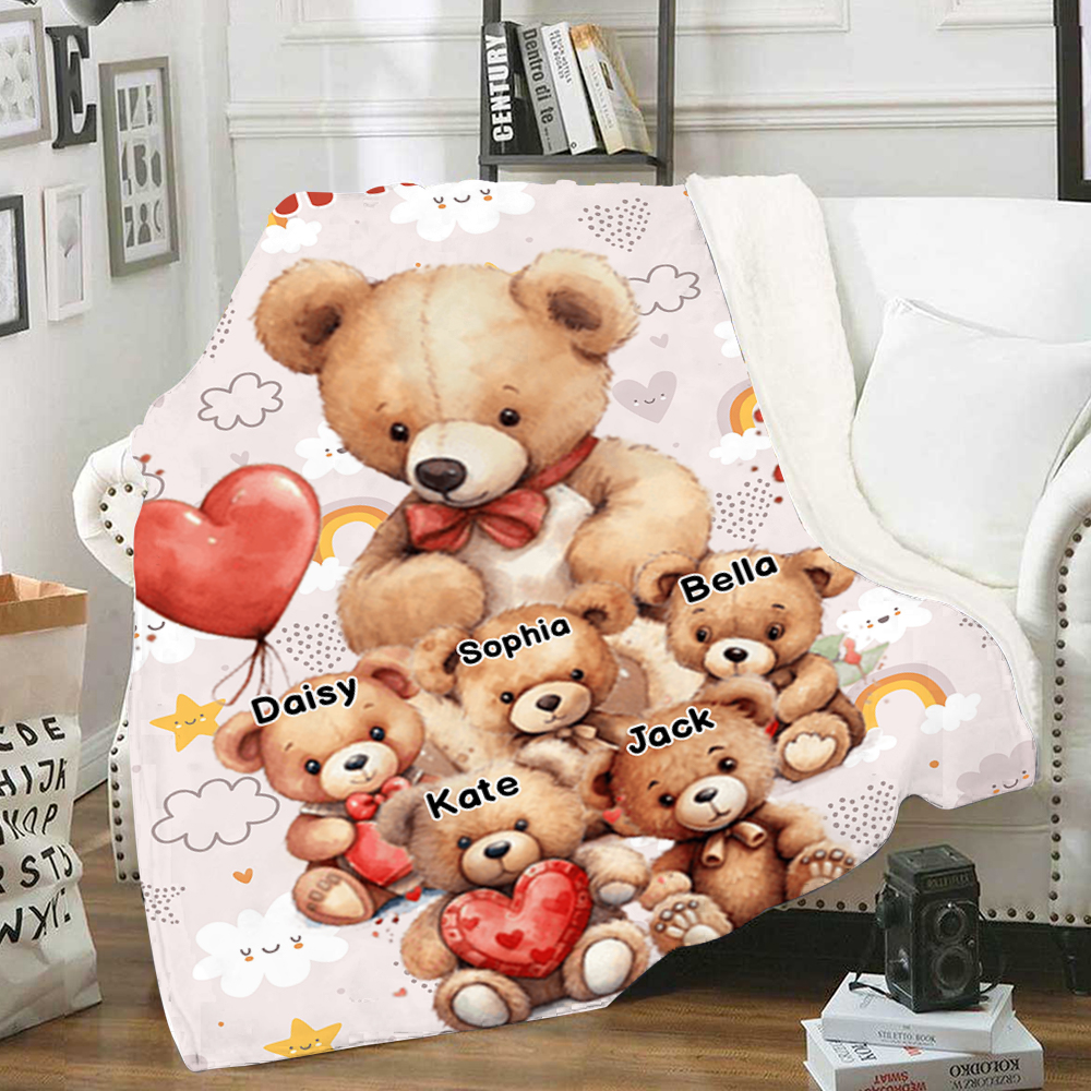 Personalized Bear Blanket Custom 1 Text & 1–10 Names Gifts for Mum/Grandma/Nan