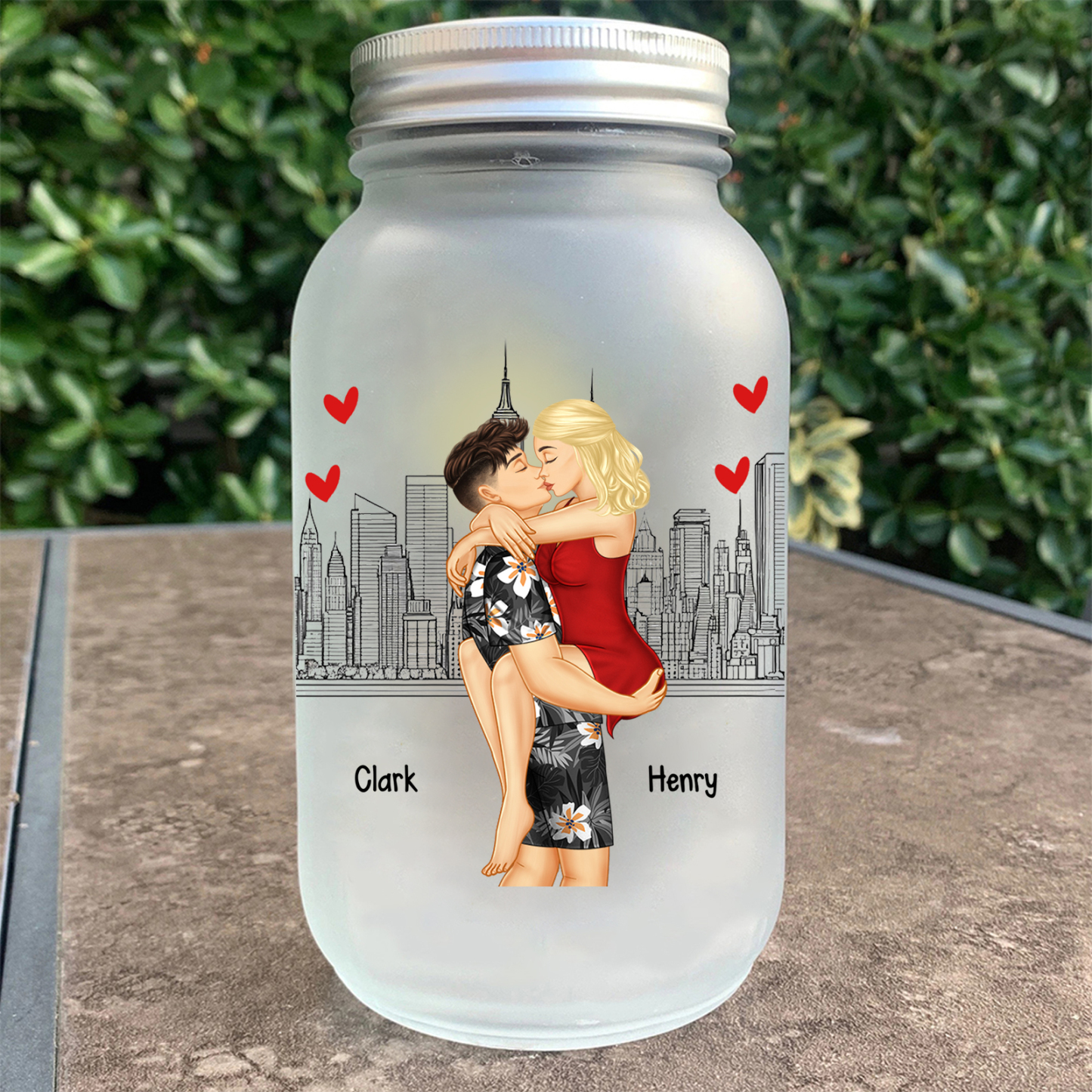 Doll Couple Kissing Personalized Mason Jar Light with 2 Names Romantic Gift for Him and Her