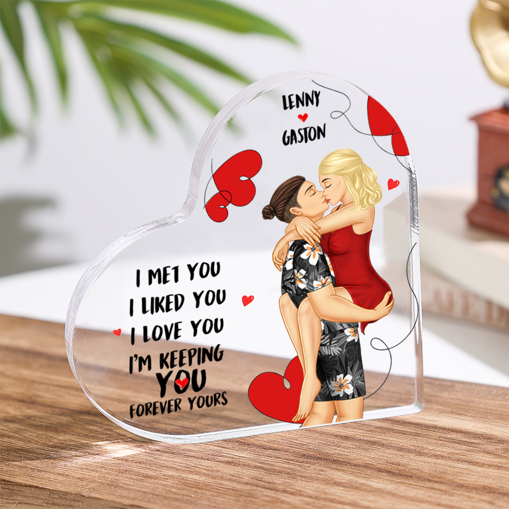 Doll Couple Kissing Personalized Heart Shaped Acrylic Plaque with 2 Names Romantic Gift For Him and Her