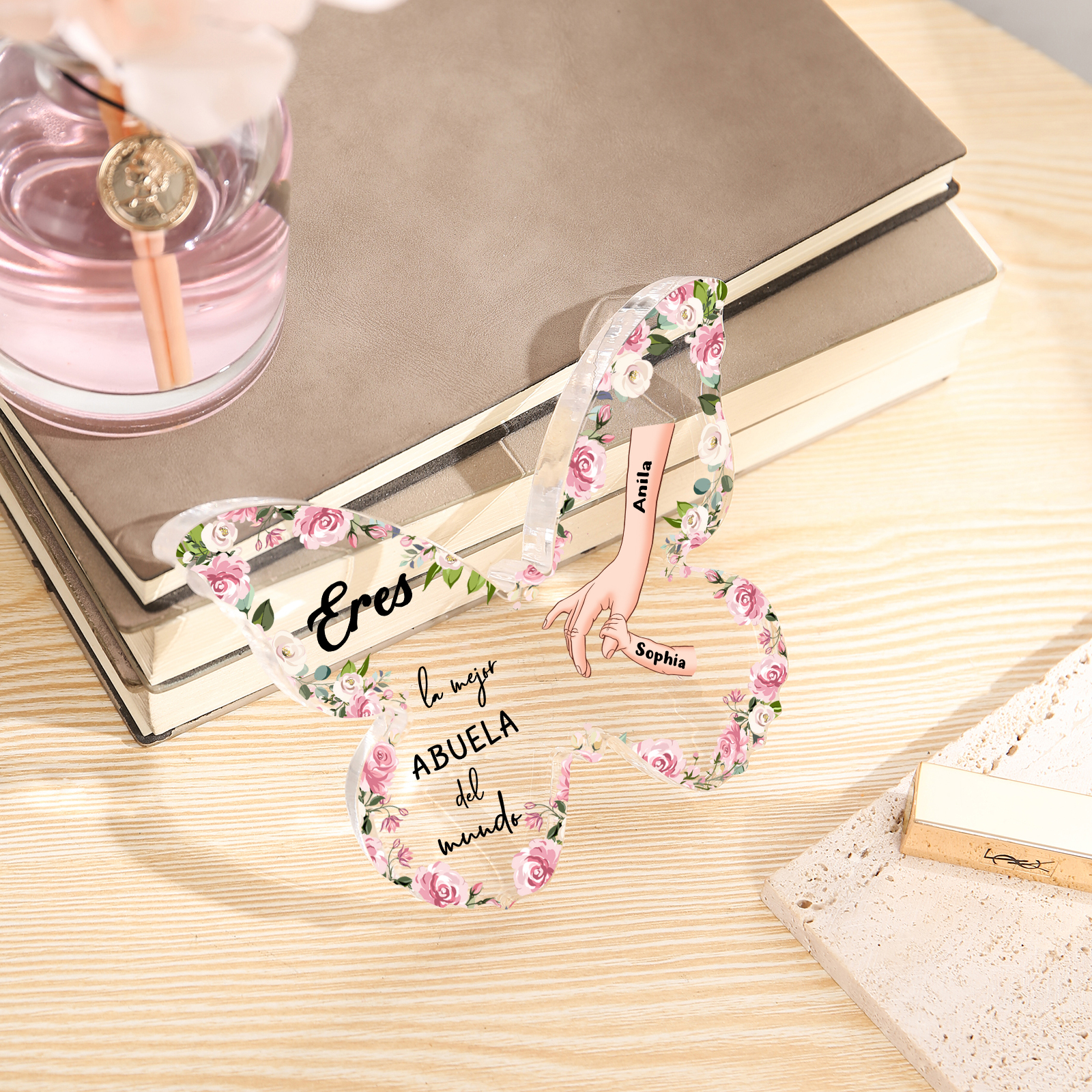 A mi abuela-Placa de acrílico mano con mano en forma de mariposa 2 nombres personalizados | Jessemade