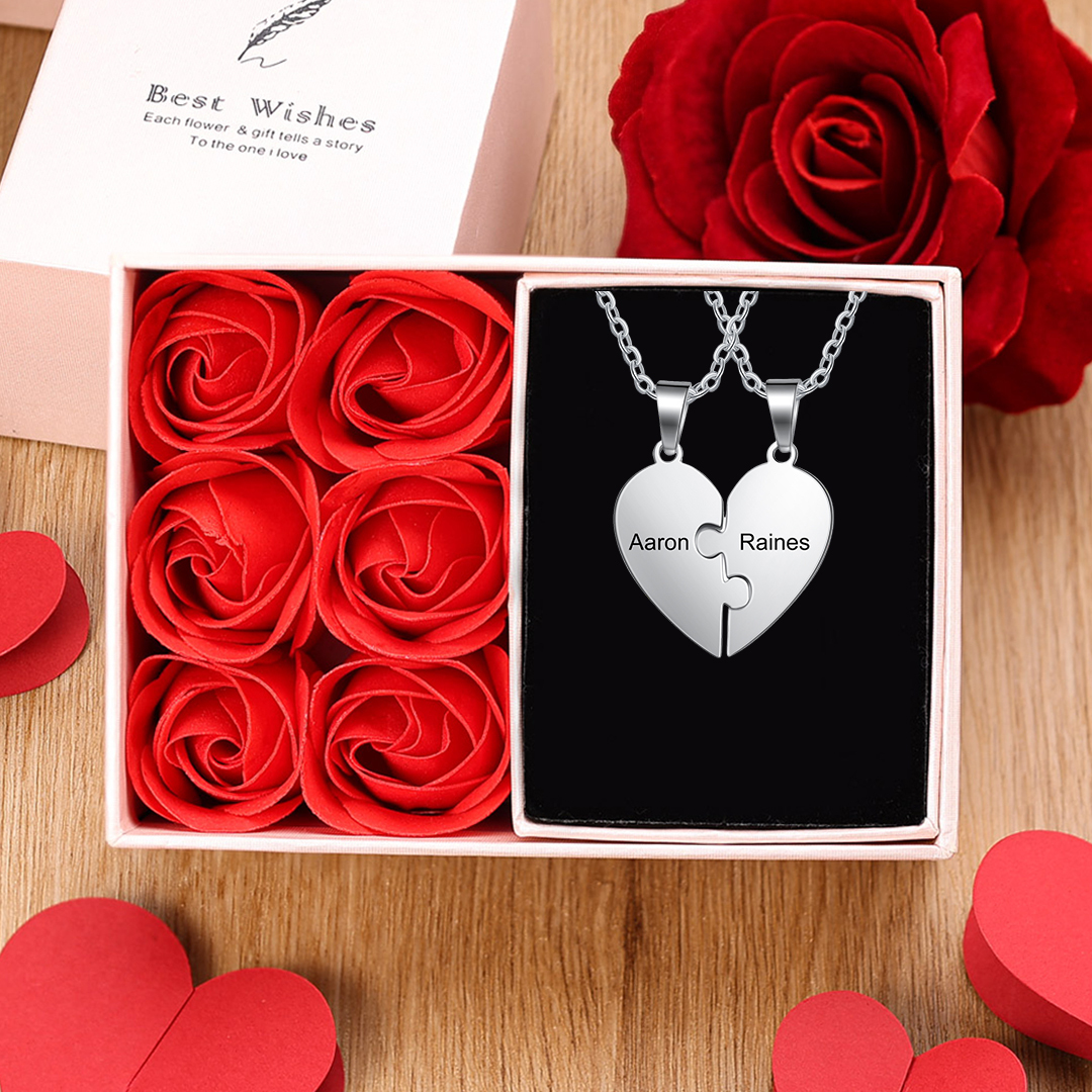 Personalized Heart Puzzle Necklace Engraved 2 Names Matching Necklace Gifts for Couple