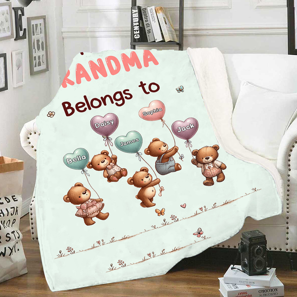 Personalized Balloon Bear Blanket Custom 1 Text & 1–10 Names Gifts for Mom/Grandma