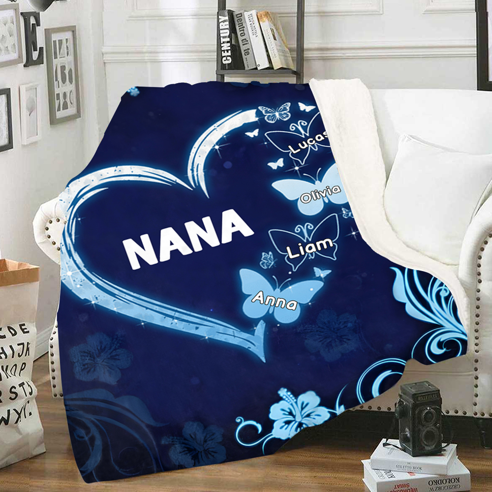 Personalized Heart Butterfly Blanket Custom 1 Text & 1–8 Names Gifts for Mum/Grandma/Nan