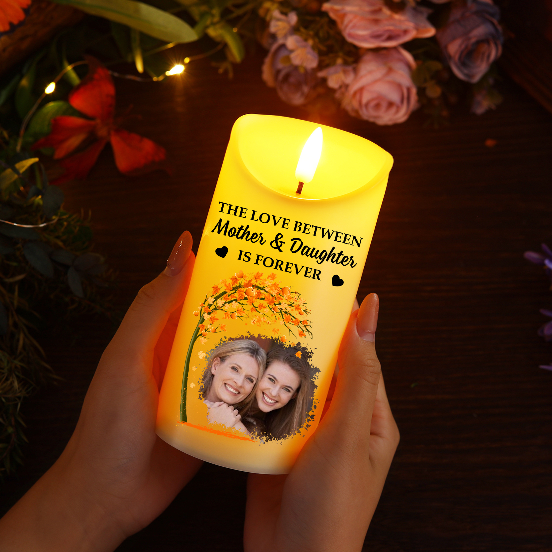 Personalized LED Candle, Custom Photo & Text Flickering Light Gift for Mom | Lorajewel